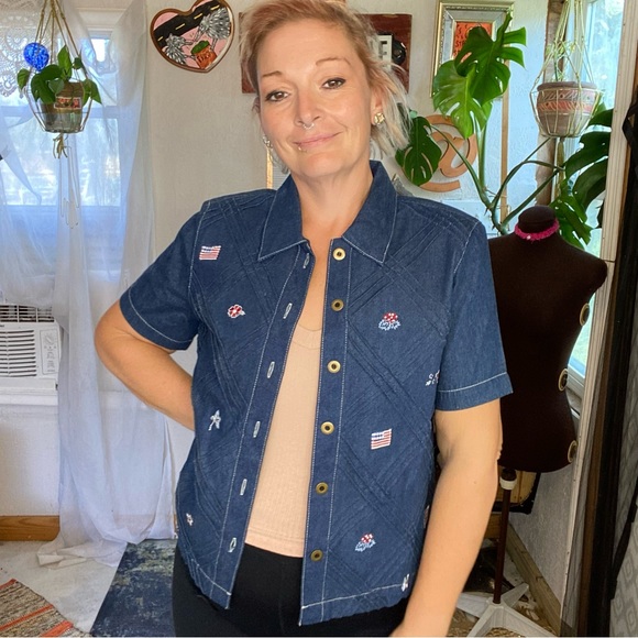 Vintage Koret City Blues Denim USA Button Front Short Sleeve Top Size Small - Picture 10 of 14